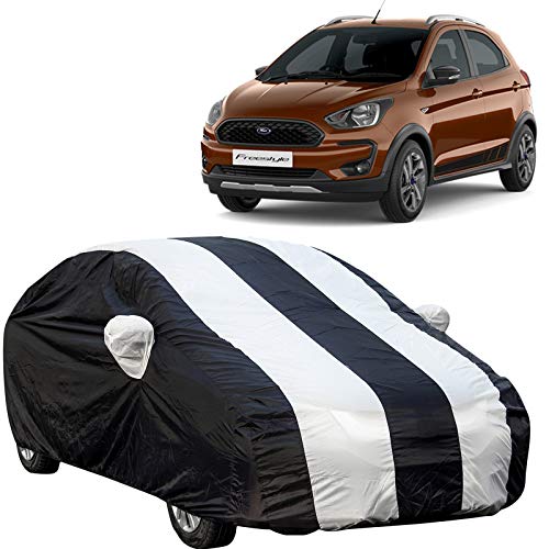 Image of 190 Taffeta Water Resistant Car Body Cover Compatible with Ford Freestyle with Mirror Pockets (White /Navy Blue)