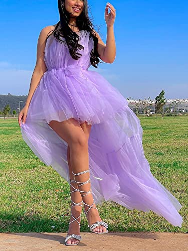 Image of Women's High Low Tulle Dress Strapless Solid Color Tiered Cocktail Party Dress Prom Gown