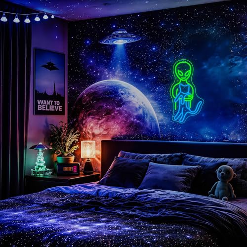 Image of Ineonlife Alien Neon Sign, Cat Led Lights for Wall Decor, Dimmable Led Neon Light Up Sign for Bedroom Green Aliens Cat Light for Game Room Man Cave Party Decoration Alien Gift for Kids Boys (8.6 inch x 16.5 inch)