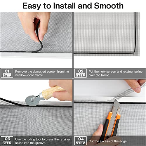 Windows Screen Repair Kit, Screen Door Repair Kit, Screen Replacement, Durable Fiberglass Screen Mesh With Spline/Rolling Tool/Knife (59" X 100", Black) #TOP4