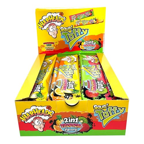 WARHEADS Tropical Sour Taffy 2-in-1 Chewy Bars - Tropical Candy Variety Pack - Assorted Flavors, Individually Wrapped Chewy Bars - Bulk Taffy - Gluten Free Candy - Box of 24