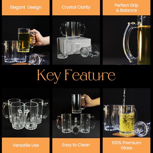 Image of Melbify Beer Mug | 500 ml | Set of 4 | Petal Bottom Embossing Design | Mug with Handle | Classic Beer Glasses | Premium | Heavy | Perfect for Beer, Cider,Cocktails,Mocktails | Gift Set