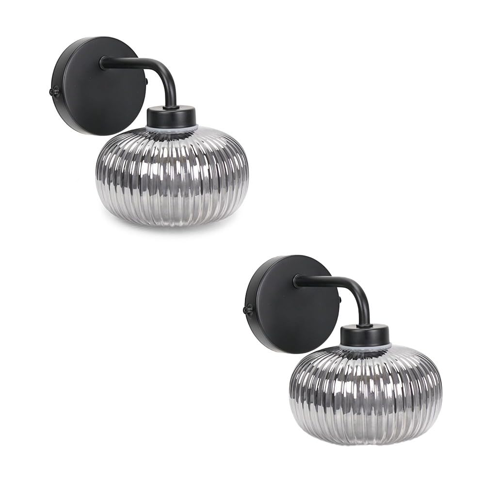 Valuelights Matt Black | Pair Of Wall Light Fitting With Smoked Ribbed Lampshade For Living Room Hallway - Ip44 Bathroom