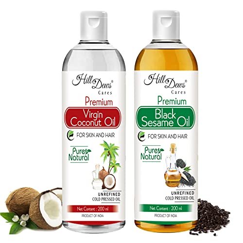Image of HillDews Virgin Coconut Oil (200 ml) and Black Sesame Oil (200 ml) Combo - Cold Pressed - Moisturizes the Skin and Nourishes Soft and Shiny Hair (200 ml + 200 ml)