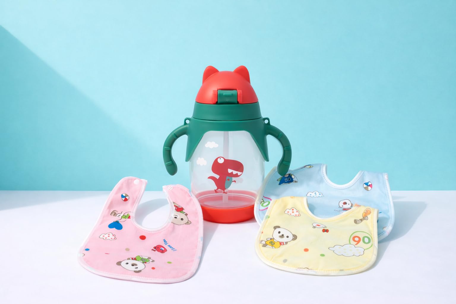 Baby Feeding Silicone Spout Sipper 300ml Bottle for Infant Toddler Sippy Cup Leak Proof BPA Free with 3 Bibs (Design 93)-image-1
