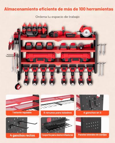 Miniatura 4 de Vevor Organizador De Herramientas Eléctricas De Pared, Estante De Almacenamiento De 4 Capas Con 8 Portabrocas, Con Tableros Perforados Laterales, Para Garaje, Banco Y Taller, Rojo Brillante Mate
