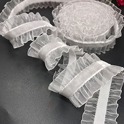 Adorno de Encaje Cinta elástica de Terciopelo con Volantes de Organza de 2,5 cm y 2 Yardas for Costura Artesanal de Patchwork.(White)