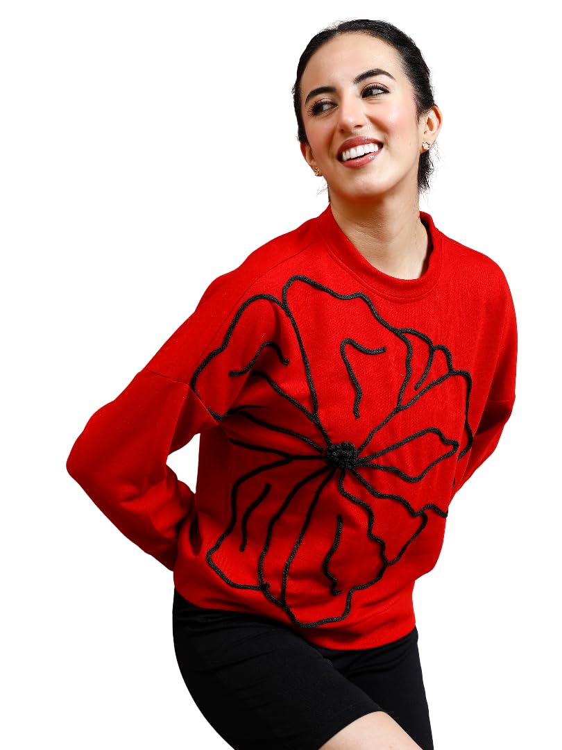 Red Embroidered Oversized Crewneck Sweatshirt for Everyday Wear-image-2