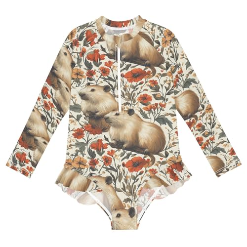 Girls Swimsuit Capybaras Flowers Long Sleeve One Piece Bathing Suit for Kids UPF 50+ Rash Guard Swimwear 3-12