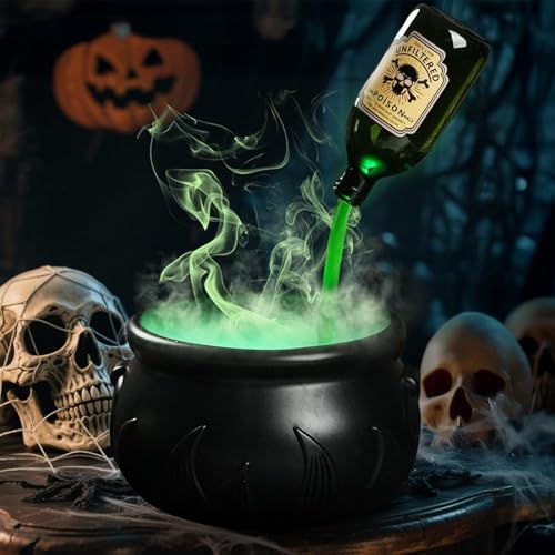 Halloween Decorations Indoor - Cauldron Halloween Decor with Magic Floating Potion Bottles and Diffuser - Black Plastic Witches Bowl Party Decoration for Spooky Vintage Home Kitchen Table