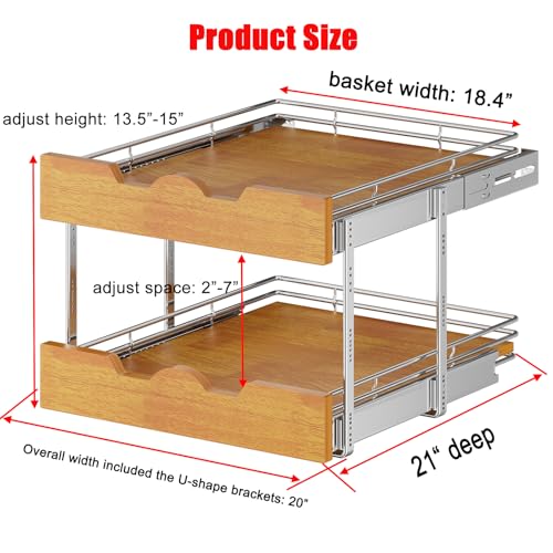 DINDON 2 Tier Pull Out Cabinet Organizer (20" W x 21" D) Slide Out Wood Shelf Double Tier Kitchen Wire Basket with Chrome Finish… - Thumbnail 4