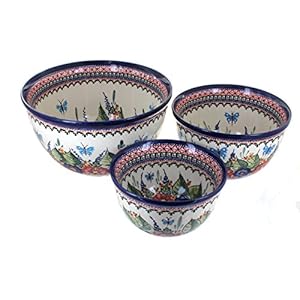 Blue Rose Polish Pottery Floral Butterfly Mixing Bowl Set
