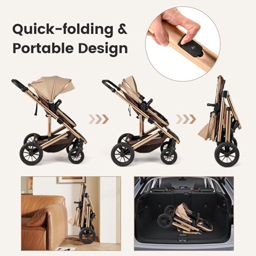 Image of INFANS 2 in 1 Baby Stroller, Folding Newborn Pram Convertible Stroller Bassinet for Infant Foldable High Landscape Shock Absorption with Reversible Seat Aluminum Structure for Pushchair