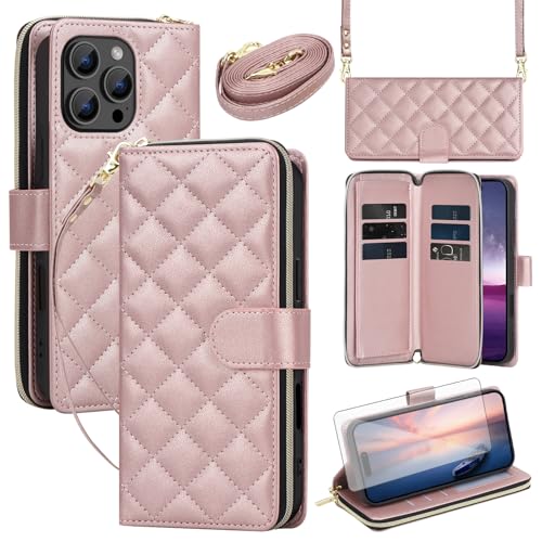 Housse iPhone 16 Pro en cuir rose Asuwish avec fermeture éclair et verre