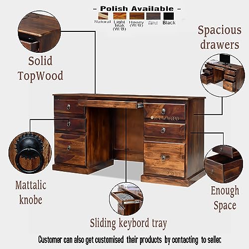 Image of Sheesham Wood Wooden Study Writing Desk Table for Office | Laptop Computer Table with 6 Drawers Storage for Home and Office | Sheesham Solid Wood Study Table,Teak