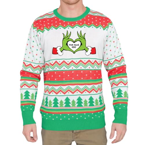 Custom Ugly Christmas Sweater Green Monster Add Your Name Personalized Holiday Season Theme Poly Knitted