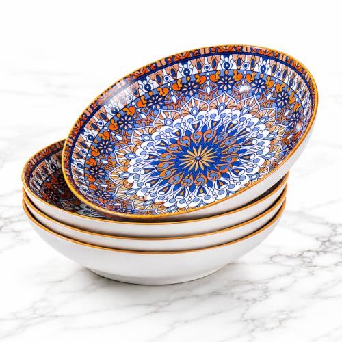 Image of Ceramic Pasta Plates, Shallow Serving Plate with Blue & Orange Mandala Design, Wide Rim Dinner Bowl for Pasta, Salad, Soup, Snacks & Desserts, Elegant Tableware (Mandala Pattern, Pack of 4)
