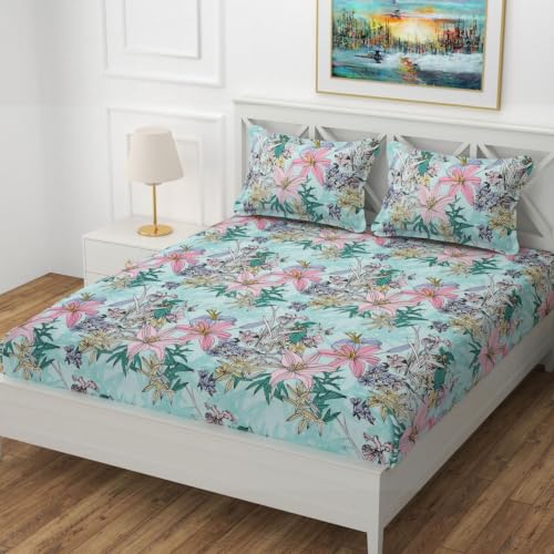 Image of 180 TC Supersoft Elastic Fitted Bedsheets with 2 Pillow Covers Fits Upto 4-6 inch Mattress| Double Bed with All Around Elastic 180 TC Supersoft, Size- 72 inchx78 inchX6 inch (Kamal)