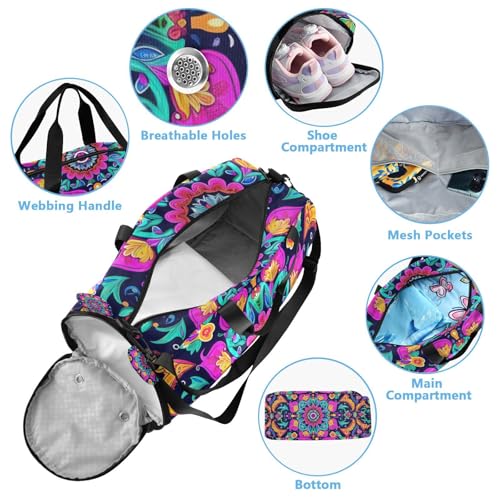 YETTASBIN Sport Travel Duffel Bag for Girls Boys, Mandala Large Waterproof Weekender Overnight Bag, Detachable Shoulder Strap Gym Bag with Shoe Compartment & Wet Pocket4