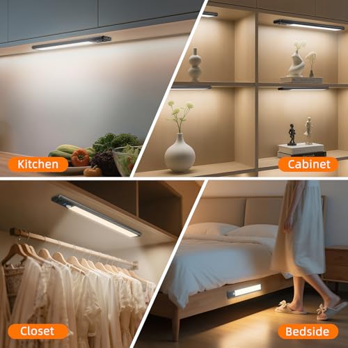 Image of Under Cabinet Lighting Wireless, 15inch Rechargeable Motion Sensor Light Indoor, 3 Color Closet Light Battery Operated with LED Power Display, Magnetic Under Counter Lights for Kitchen (3Pack-Black)
