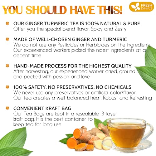 Image of FRESHDRINKUS Premium 65 Turmeric Ginger Tea Bags, 100% Natural Ingredients, Hand-made Blend of and Ginger, Eco-conscious Bags. Herbal Tea. No Sugar, Caffeine, Gluten, Vegan.