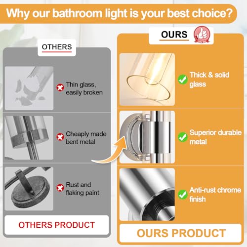 Image of Wall Sconces Set of Two, Modern Bathroom Sconces Wall Lighting with & Clear Glass Glass, Chrome Sconces Wall Decor Set of 2 for Bathroom Mirror Bedroom Living Room Hallway