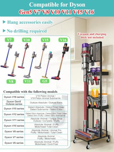 Image of Haturi Vacuum Stand for Dyson V16 Gen5 V15 V12 V11 V10 V8 V7 | Exclusively Designed for Dyson, Robust Base, Freestanding, Accessory Organizor with 6 Hooks & 2 Metal Baskets, Black