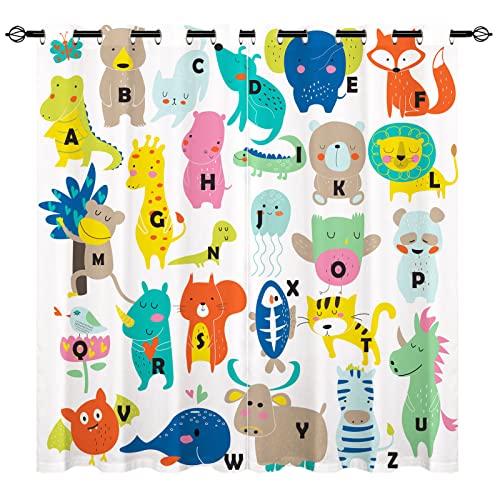 YUANZU ABC Curtains - Kids Boys Girls Zoo Alphabet with Cartoon Animals Print Pattern Eyelet Blackout Thermal Insulated Room Darkening Window Drapes for Nursery Baby Bedroom 2 Panels W117cm x D183cm