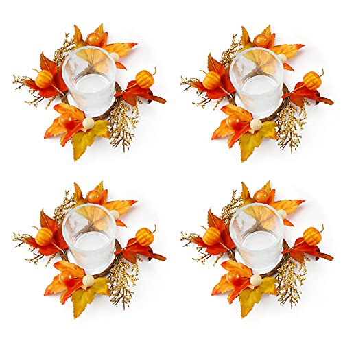 Decorative-Tealight-Candle-Holder-Glass-Votive-Candle-Holders-Sets-of-4-with-Artificial-Pumpkins-Maple-Leaves-Wreath-Ring-for-Thanksgiving-and-Halloween-Table-Fall-Decor-Centerpieces Decorative Tealight Candle Holder Glass Votive Candle Holders Sets of 4 with Artificial Pumpkins Maple Leaves Wreath Ring for Thanksgiving and Halloween Table Fall Decor Centerpieces