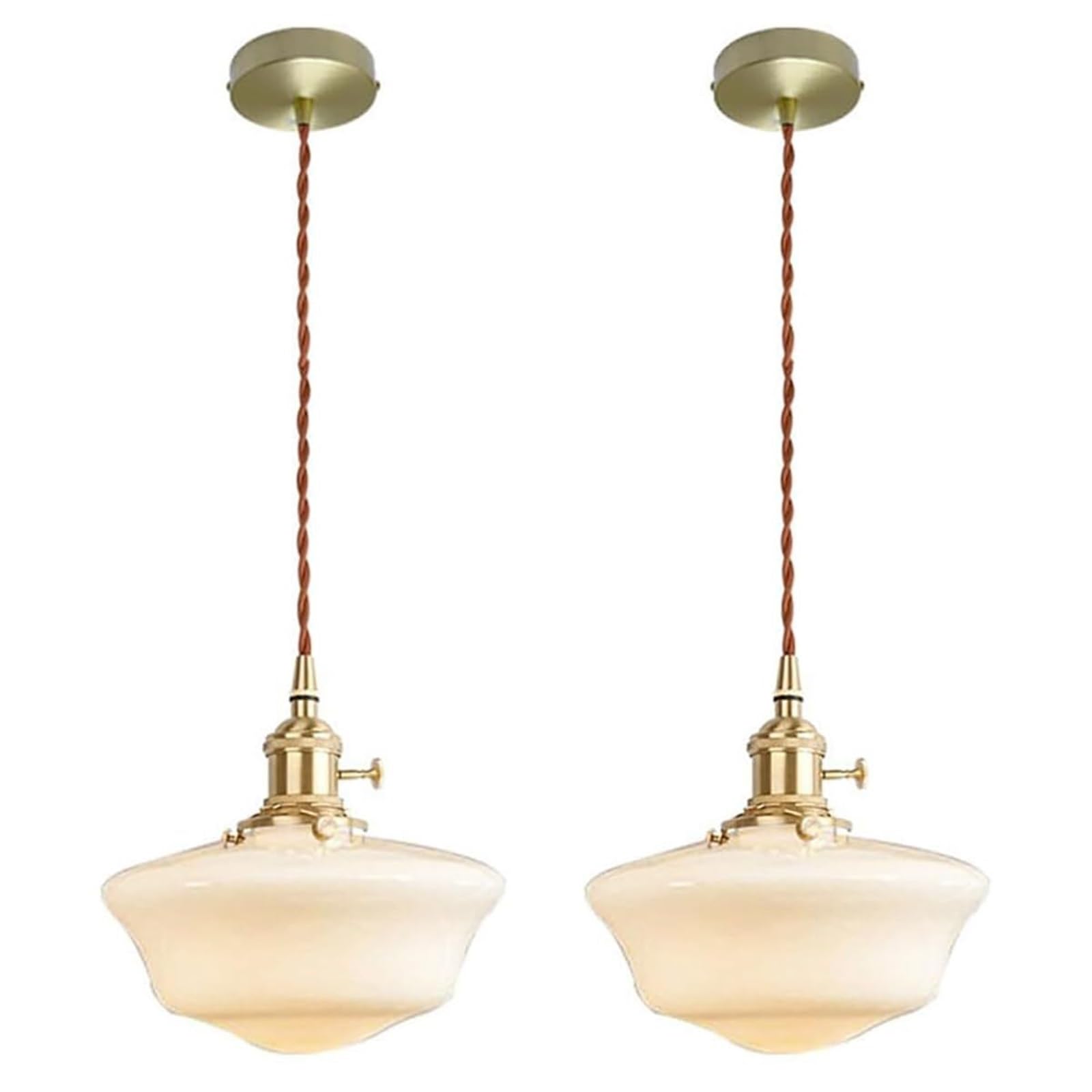 KHUKHU Vintage Pendant Light Schoolhouse Pendant Light Fixture Milk Glass Shade Brass Ceiling Hanging Light Mid-Century Pendant Light for Living Room Kitchen Island Dining Room Hallway(2)