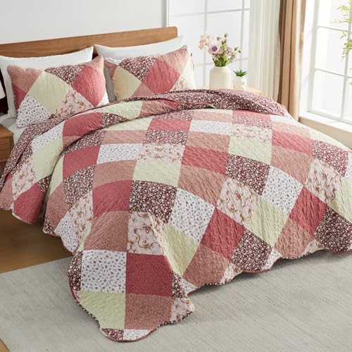Qucover Patchwork Couvre Lit, Dessus de Lit et Couvre Lit 2 Personnes 220x240 cm, Boutis Courtepointe Matelassé Réversible Multicouleurs Rose Decoratif pour Chambre (Rose, 220x240cm) – vue 8