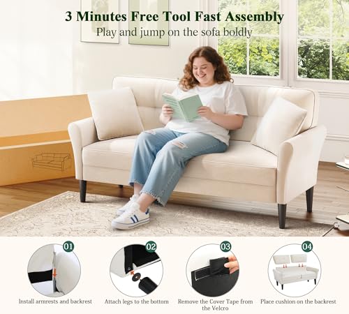 Image of Loveseat Sofa, 69 inch Love Seat Couches, Comfy Velvet Small Couches for Small Spaces with 2 Pillows, Tool-Free Setup Sofas & Couches, 700lb Load Sofas for Living Room, Mini Couch for Bedroom, White Couch
