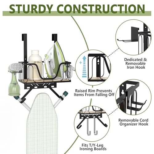 Ironing-Board-Hanger-2-in-1-Wall-Mount-Over-the-Door-with-High-Sided-Basket-and-Side-Hooks-Fits-T-and-Y-Shaped-Legs-Space-Saving-Iron-Holder-for-Laundry-Sewing-Room-Decor-and-AccessoriesBlack
