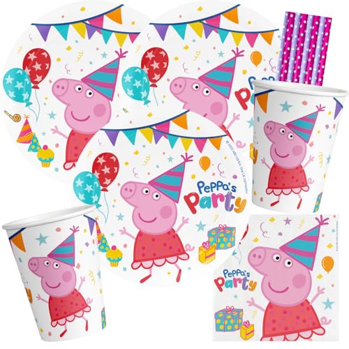 Peppa Pig Kit de fête 36 pièces, assiettes en carton, gobelets en carton, serviettes + 8 pailles pour anniversaire d'enfant
