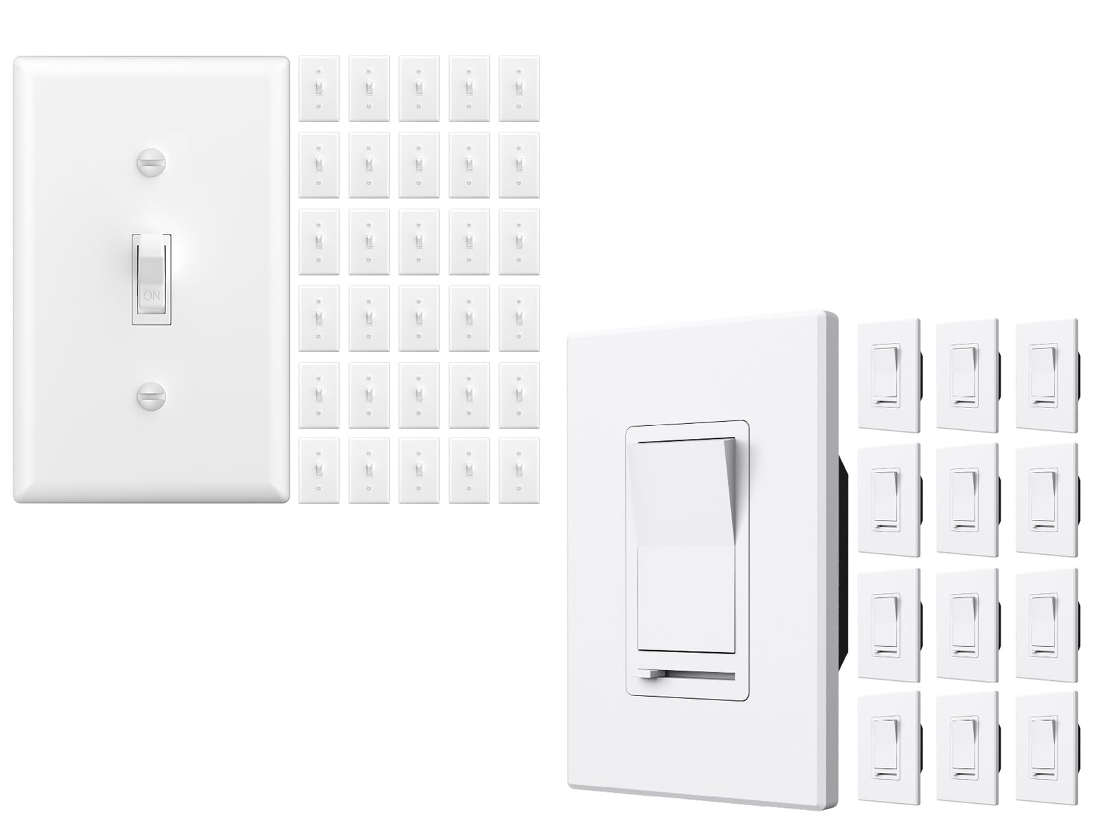 Amico 30 Pack Toggle Single Pole Light Switch Bundle with Wall Plate, UL Listed and Amico 12 Pack Dimmer Light Switch, Single-Pole or 3-Way Slide Dimmer Switches for Led Lights, ETL Listed