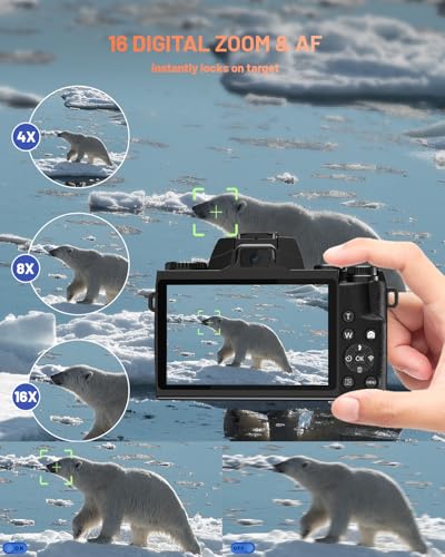 Image of 8K Digital Camera for Beginner, Vloggin Camera for YouTube, Autofocus, WiFi, 4 Inch Touchscreen, 16X Digital Zoom, 3000mAh Battery, Dual-Lens, Lens Hood, 32GB TF Card and Flash,Black