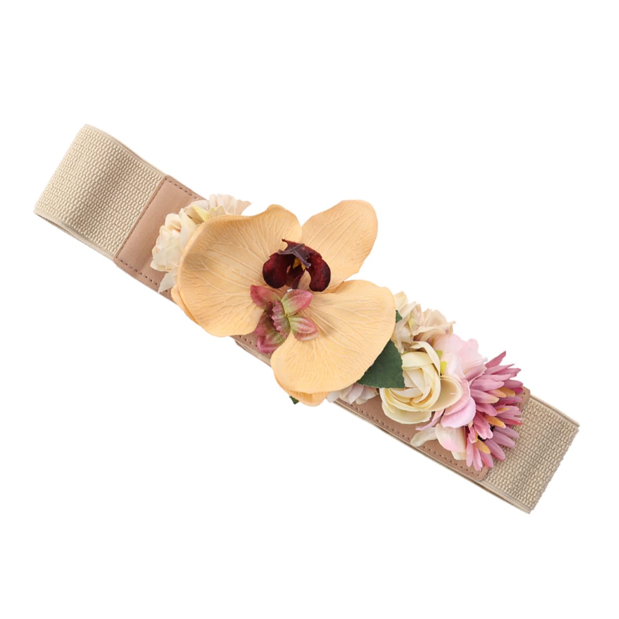 3piezas Cinturón De Flores Artificiales Para Mujer Banda Elástica Ancha Color Khaki Diseño Innovador Para Looks Únicos y Elegantes