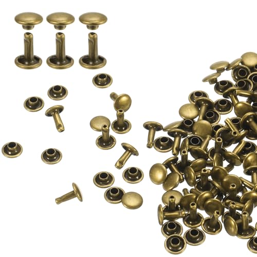 sourcing map 60 Sets Double Cap Leather Rivets, 7x8mm Round Cap Tubular Metal Studs Leather Crafting Rivets for Fabric Belt Pet Collar Boot Bag Repair and Decoration, Bronze