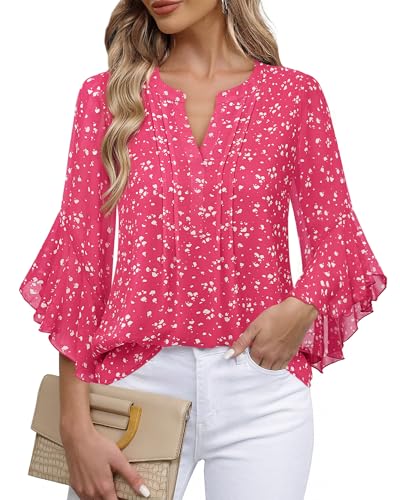 Image of Timeson Women's Short Sleeve V Neck Blouses Shirts Floral Double Layers Mesh Tunics Tops