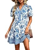Women's Floral Mini Dress Puff Sleeve Tiered Boho Dress for Beach Vacation