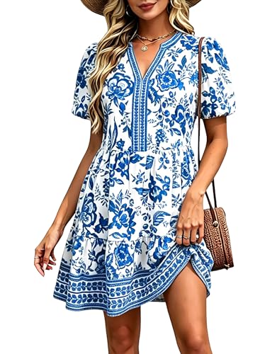 24 Floral Milkmaid Outfit Ideas White Blue Floral Puff Sleeve Dress