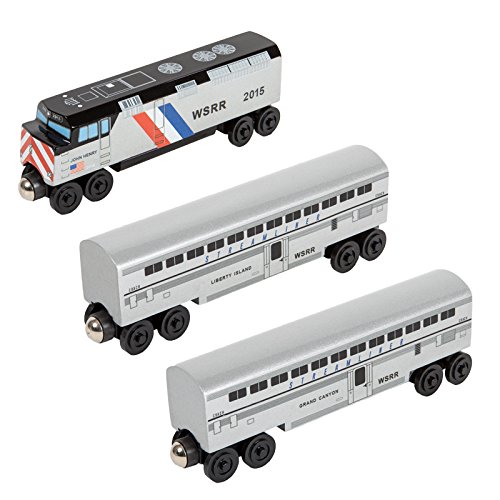 Whittle Shortline Railroad John Henry 3pc Streamliner Train Set for Kids Aged 3-8, Compatible with Brio and Thomas Wooden Train Systems