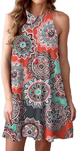 Feiersi Women's Halter Neck Boho Floral Print Loose Casual Sleeveless Short Dress(Round Floral Orange,X-Small)