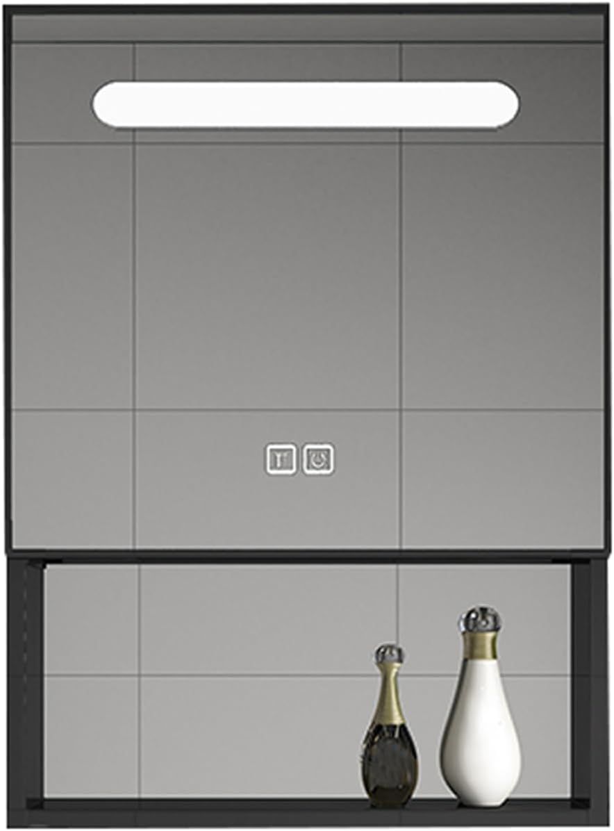 SBCC Aluminium Bathroom Mirror Cabinet, 40cm Wall Mounted Storage Cabinet with Light and Defogging Function, Suitable for Bathroom, Balcony (Color : Black, CH : 48cm)