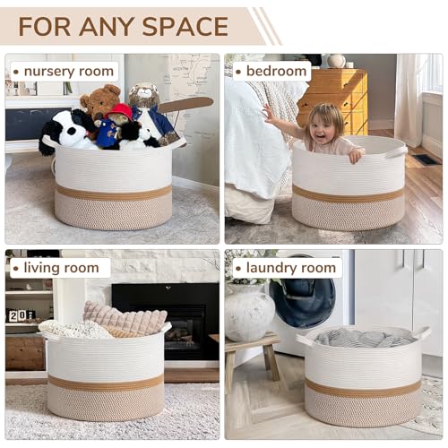Image of INDRESSME XXXLarge Cotton Rope Basket 21.7 inch x 21.7 inch x 13.8 inch Woven Baby laundry Blanket Basket for Home Decor Living Room Nursery, Toy Storage Baskets for Kids Boys Girls, White & Camel Mix