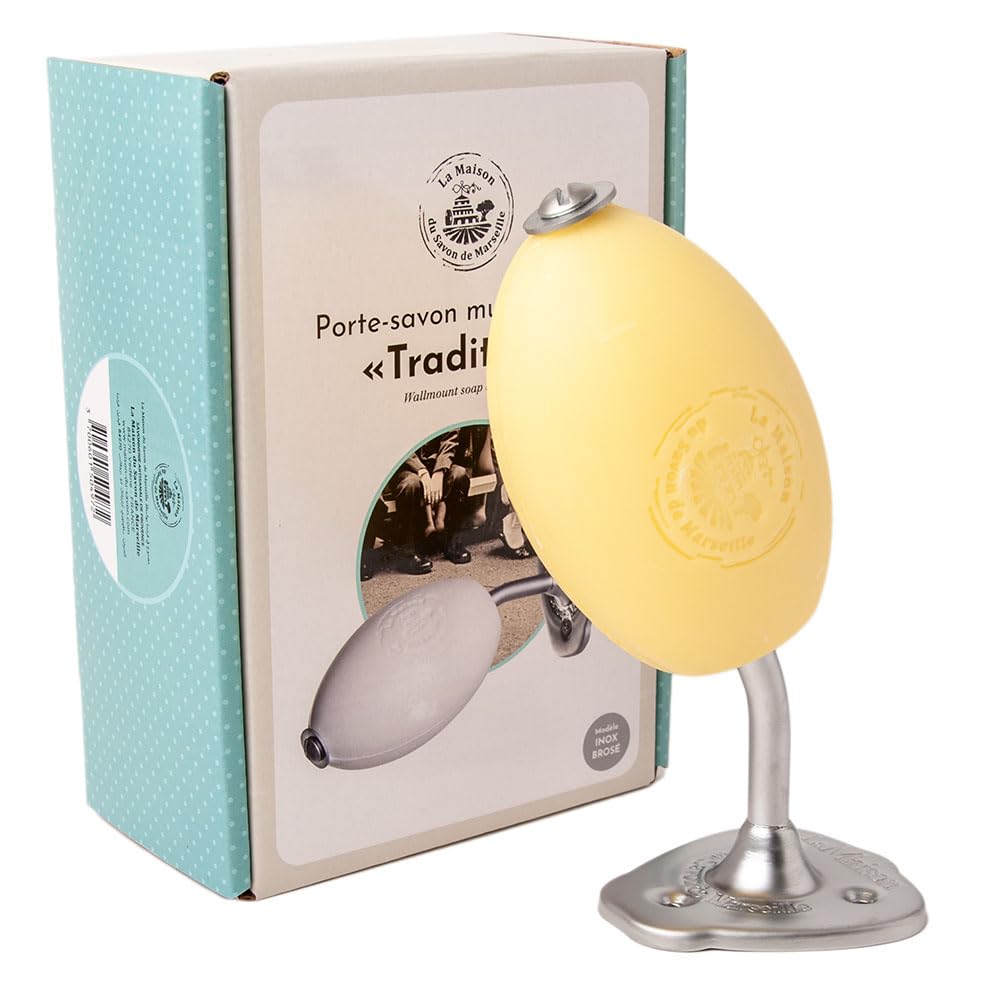 Maison du Savon de Marseille - Rotating Wall Mounted Soap Holder - Durable Brushed Matt Steel Finish with 270 Gram Soap (Lemon)