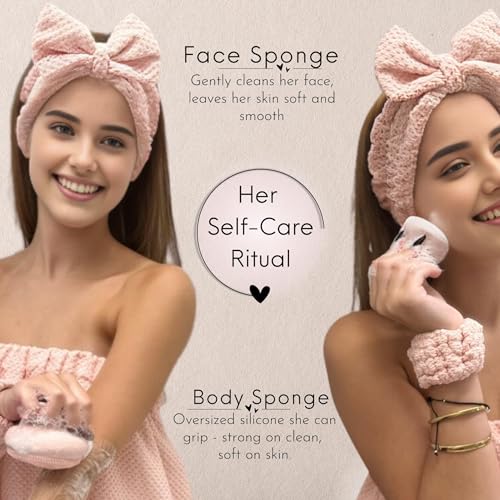 Happy Lolli Power Shower Gift Set – College Essential Bath Accessories for Women and Teen Girls – Includes Body Towel, Hair Towel, Wrist Bands, Headband, Face Sponge and More (Fresh in Pink) - Image 5