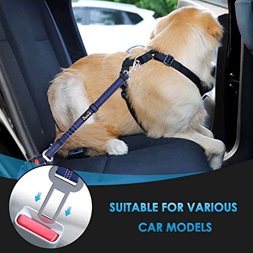 Image of SlowTon Dog Seat Belt for Car, 2 Pack Dog Car Harness Seatbelt with Bungee | 2 in 1 Pet Car Leash Headrest Restraint & Dog Safety Tether Clip, Adjustable with Elastic Buffer, Reflective, Blue M /L