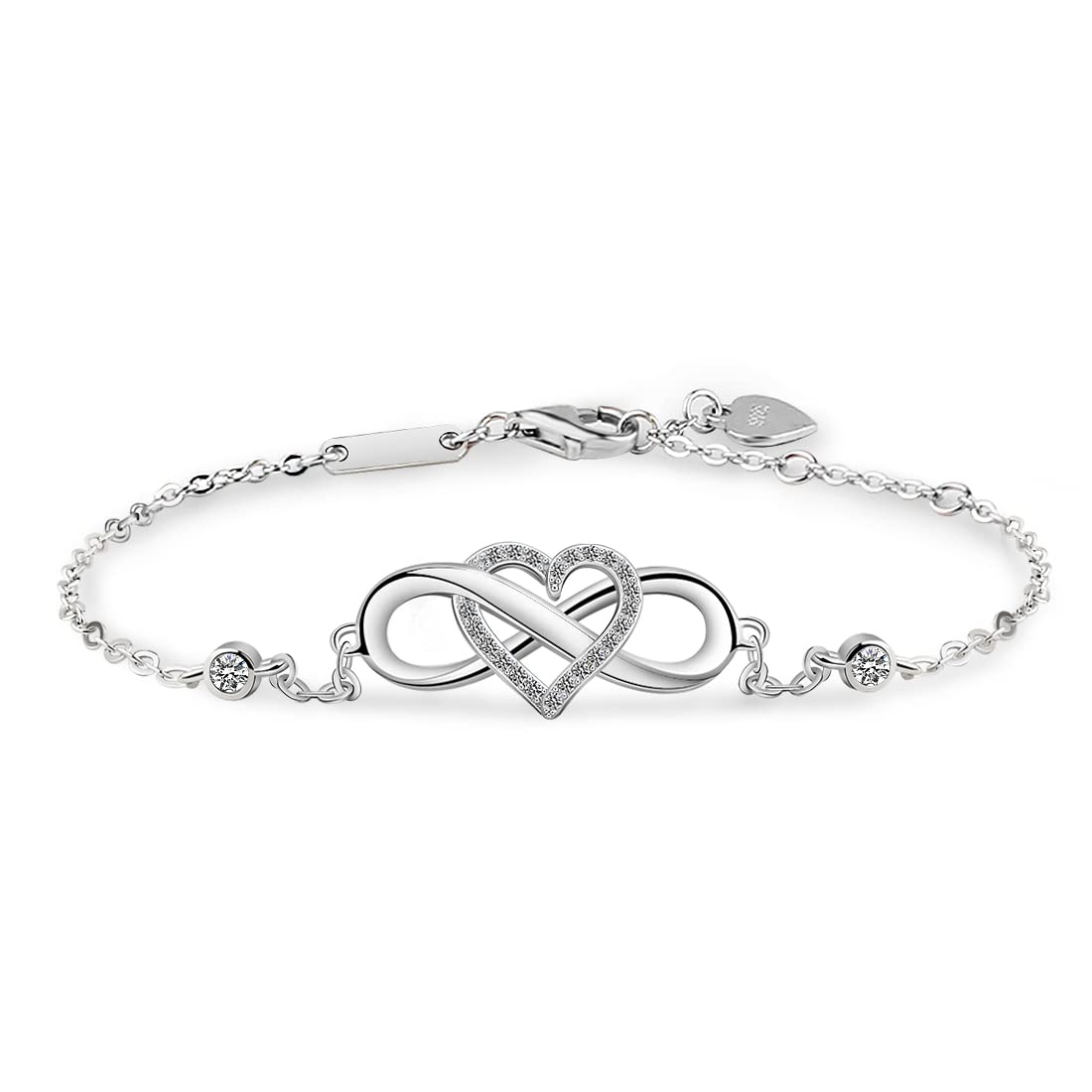 Pulsera infinito para mujer de plata de ley 925 con circonita de cristal y símbolo de corazón de amor sin fin ajustable