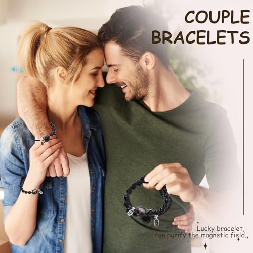 Image of 2pcs Black Obsidian Couples Bracelets with Wealth-Attracting Cat and Pixiu Design - Energy Purification, Good Luck Gift for Anniversary - Unisex Matching Bracelets for Couples -Lucky Cat